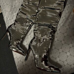 Knee high Silver Disco Heel Boots